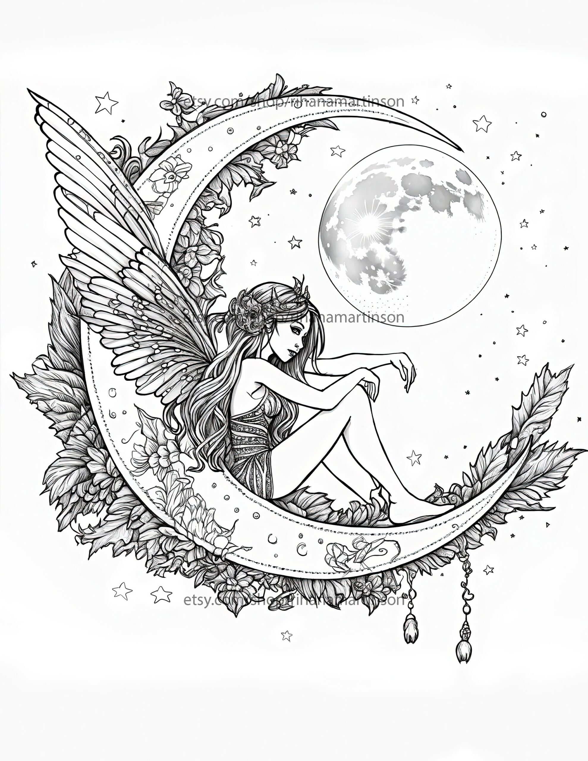 Fantasy Fairy Printable Adult Coloring Book Page Ornate Crescent Moon Etsy
