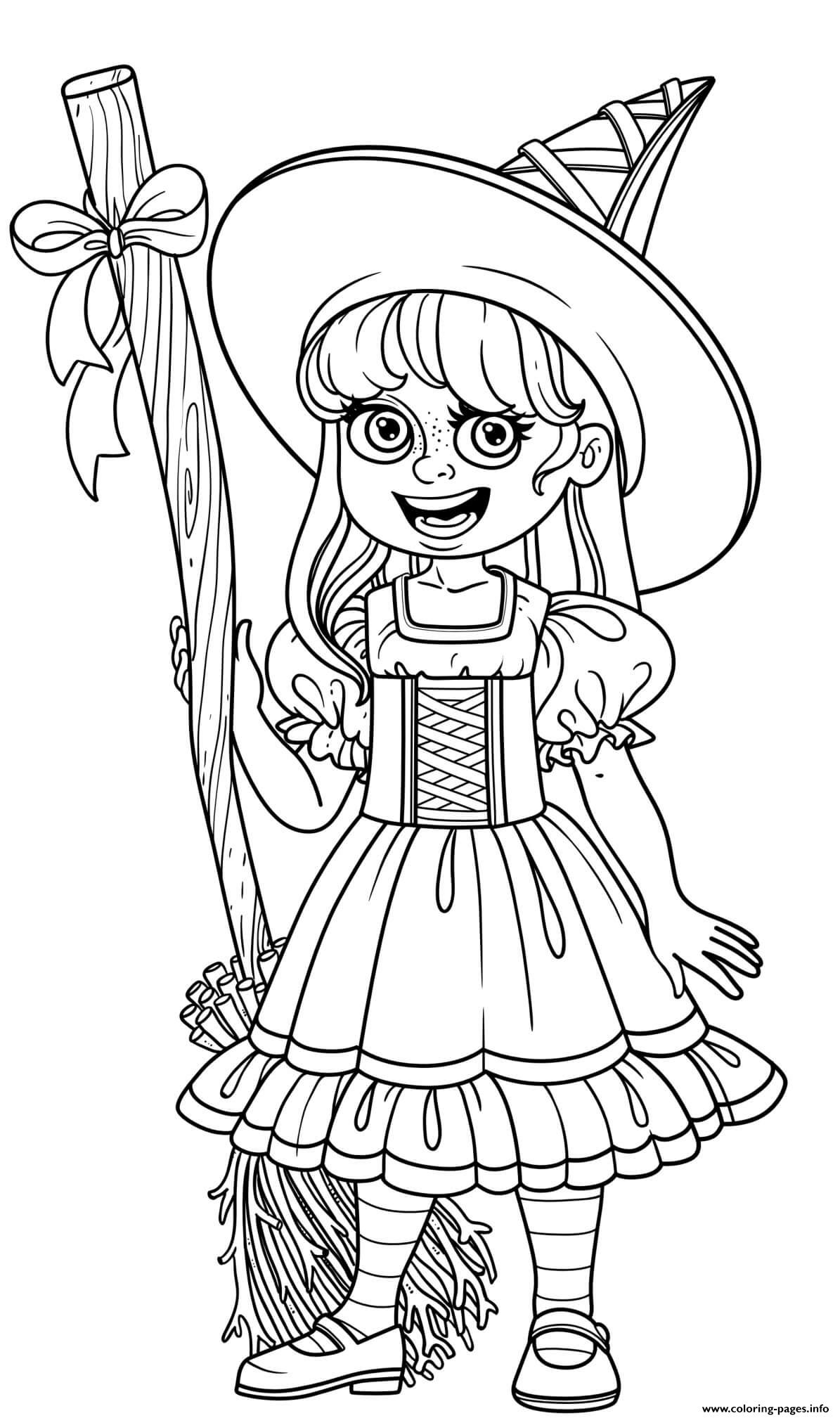 Halloween Girl Witches Costume Broomstick Coloring Page Printable