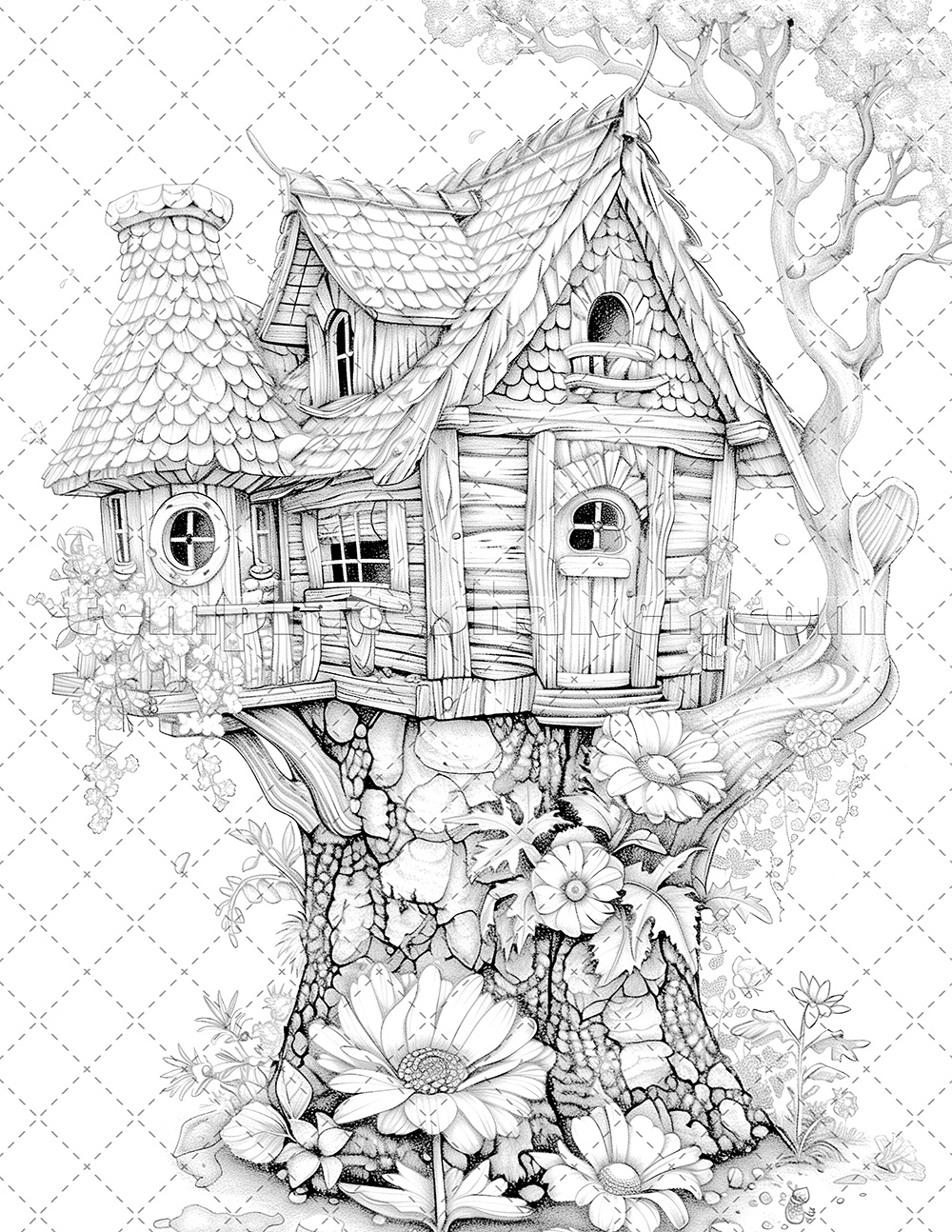 30 Fantasy Bird Houses Coloring Pages Printable Grayscale 2 PDF Files Dark Light Template Shaker
