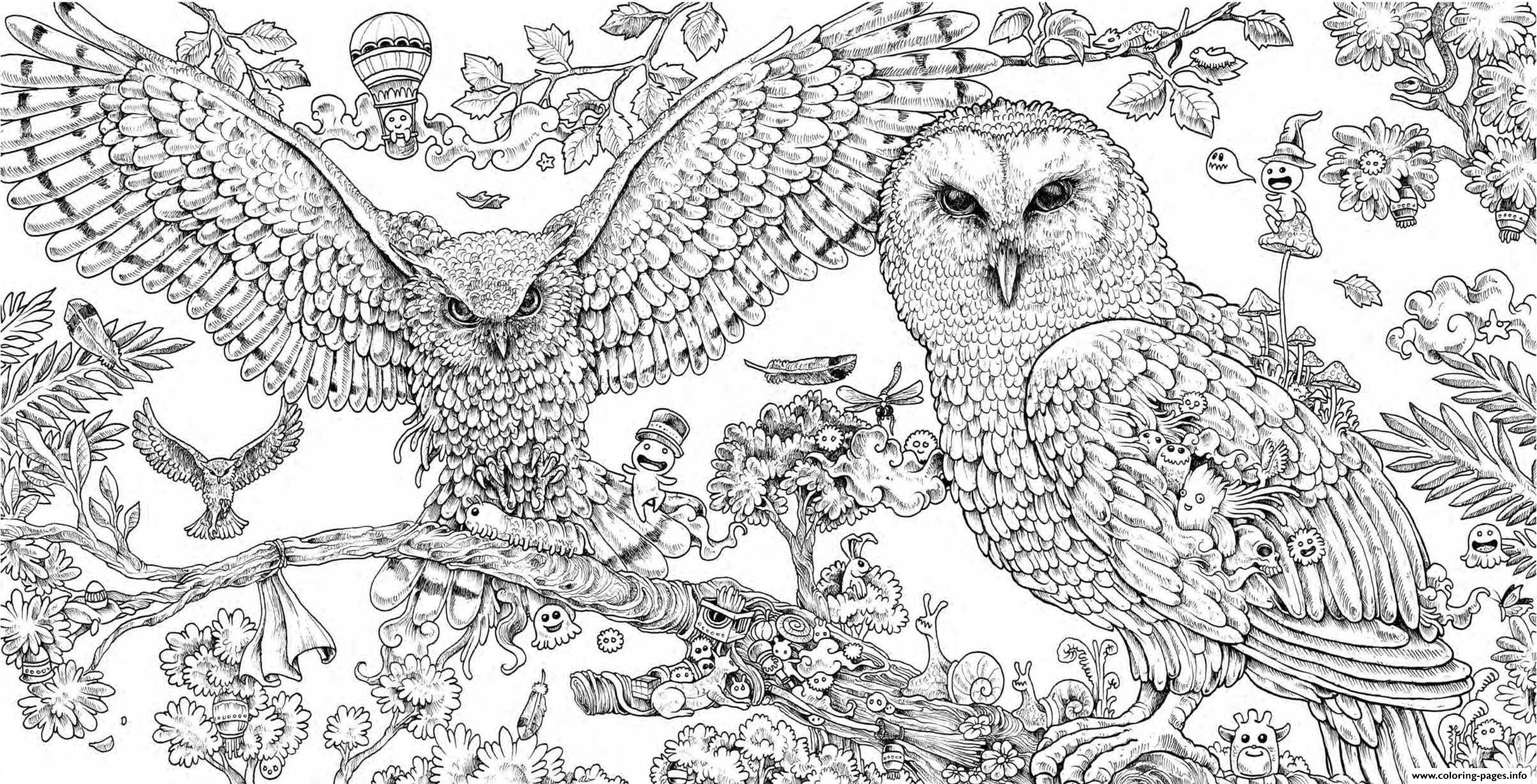 Animorphia Owls Hard Adult Animal Coloring Page Printable
