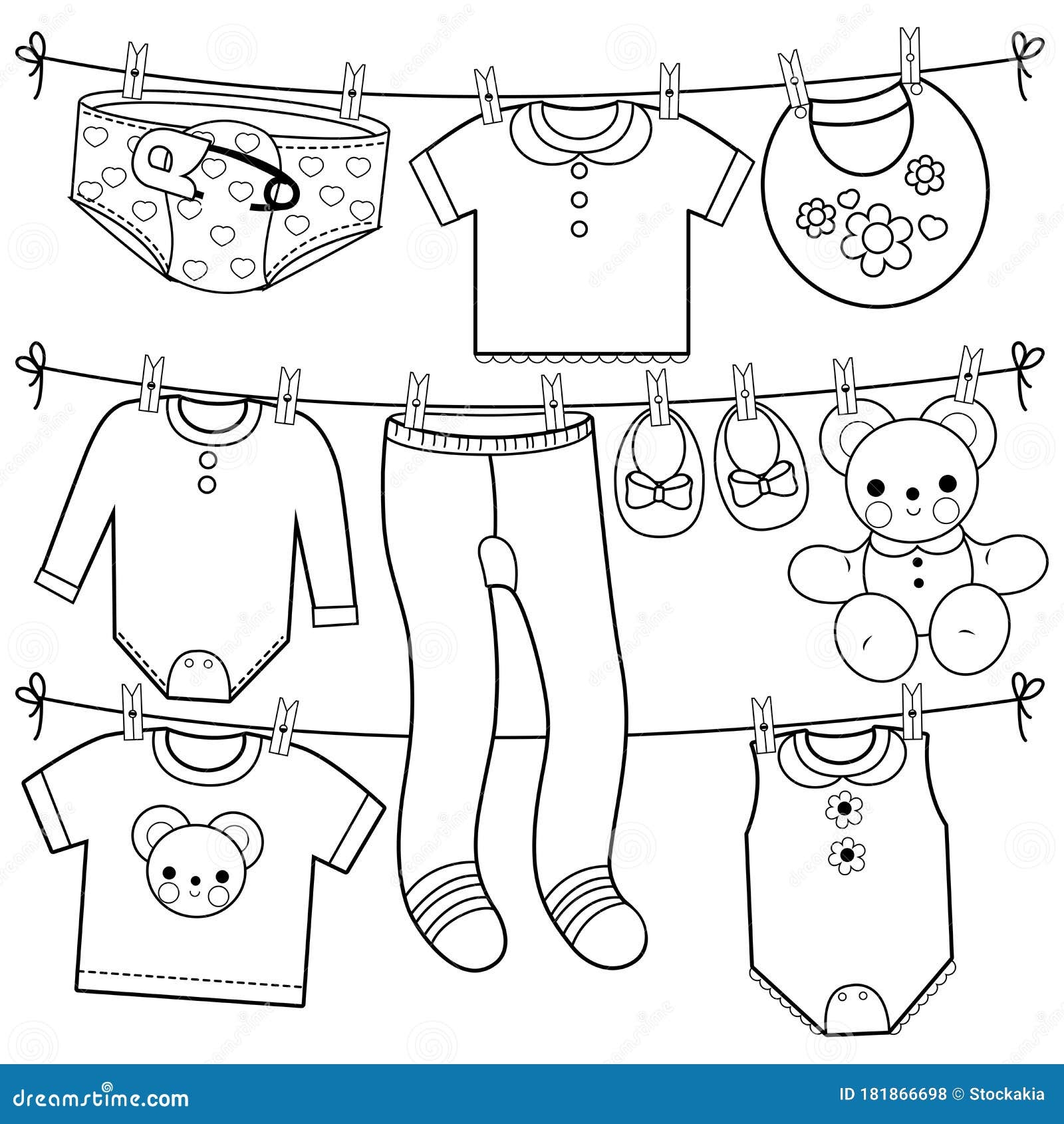 Baby Shower Gifts And Accessories Baby Girl And Boy Clothes Hanging On Clothes Line Vector