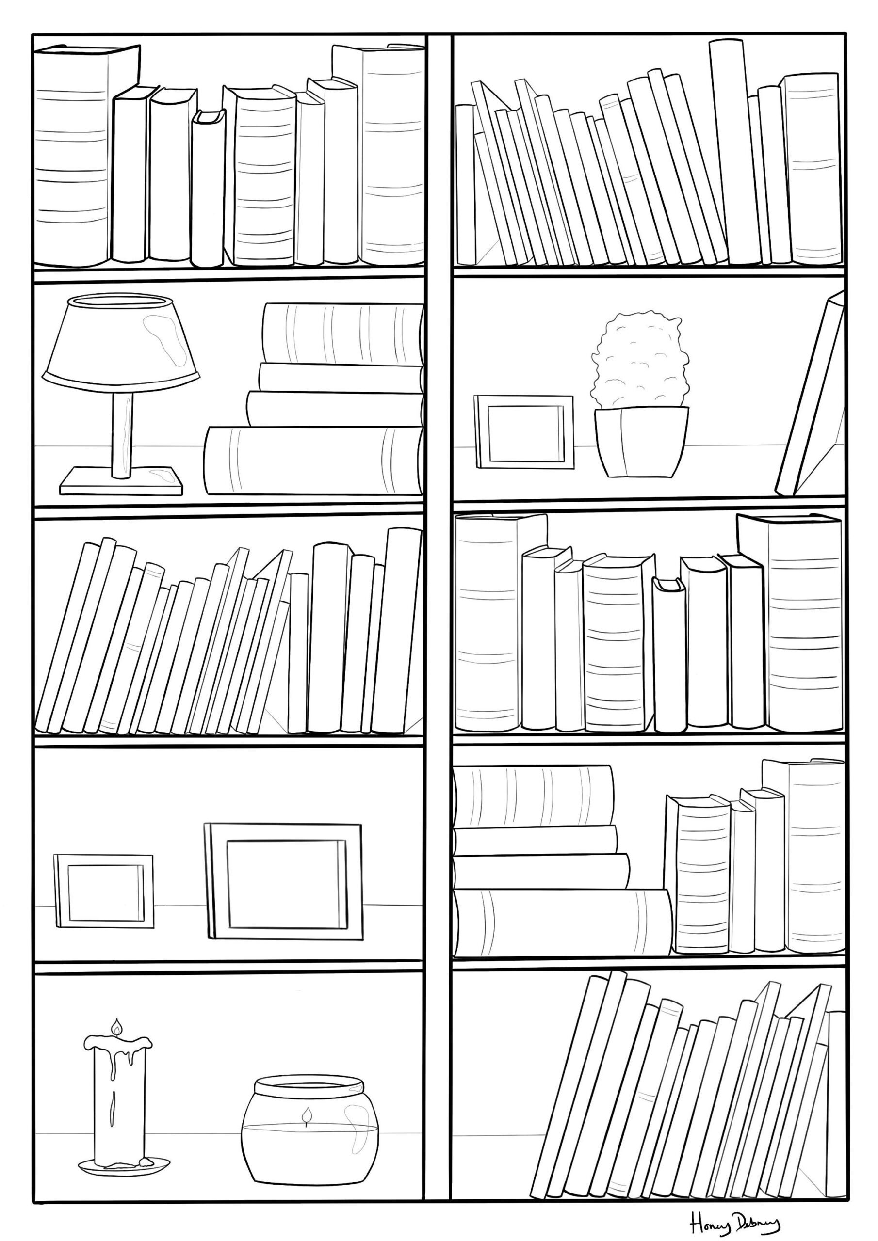 Bookcase Adult Digital Colouring Page Detailed Coloring Page Etsy