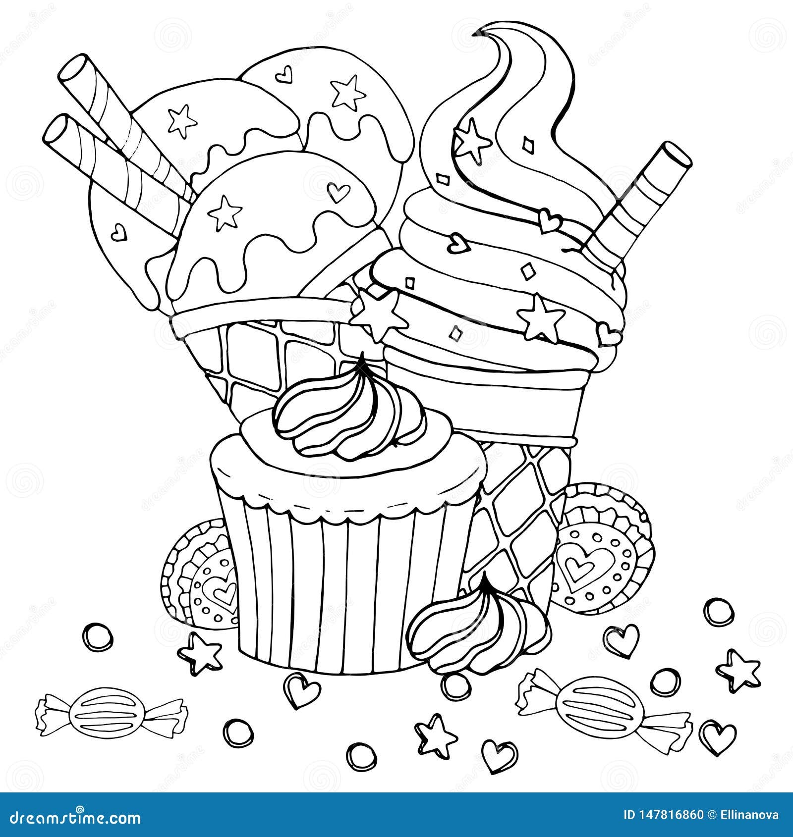 Coloring Page With Cake Cupcake Candy Ice Cream And Other Dessert Stock Vector Illustration