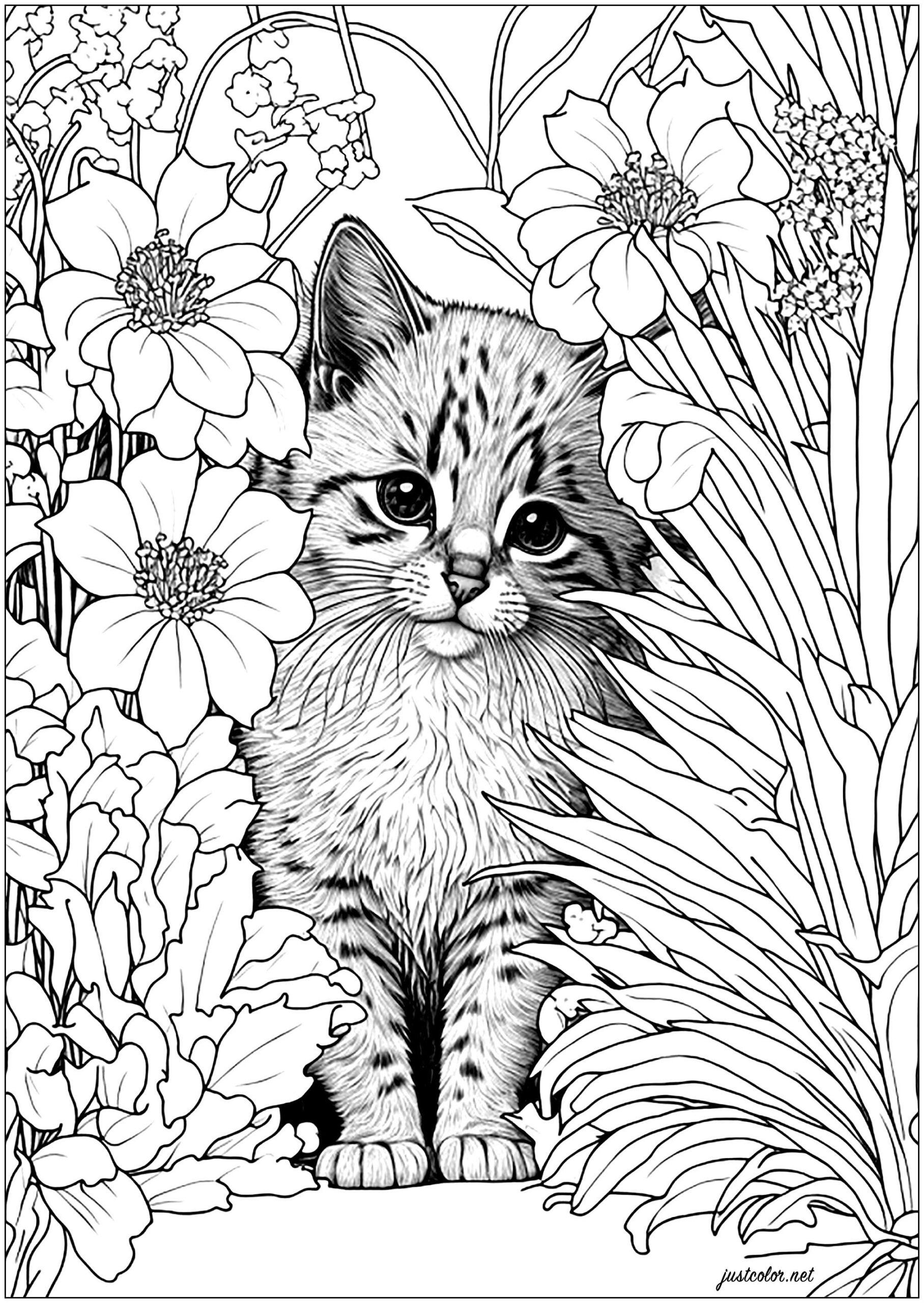 Cute Cat Hiding Behind Flowers Cat Coloring Pages For Adults