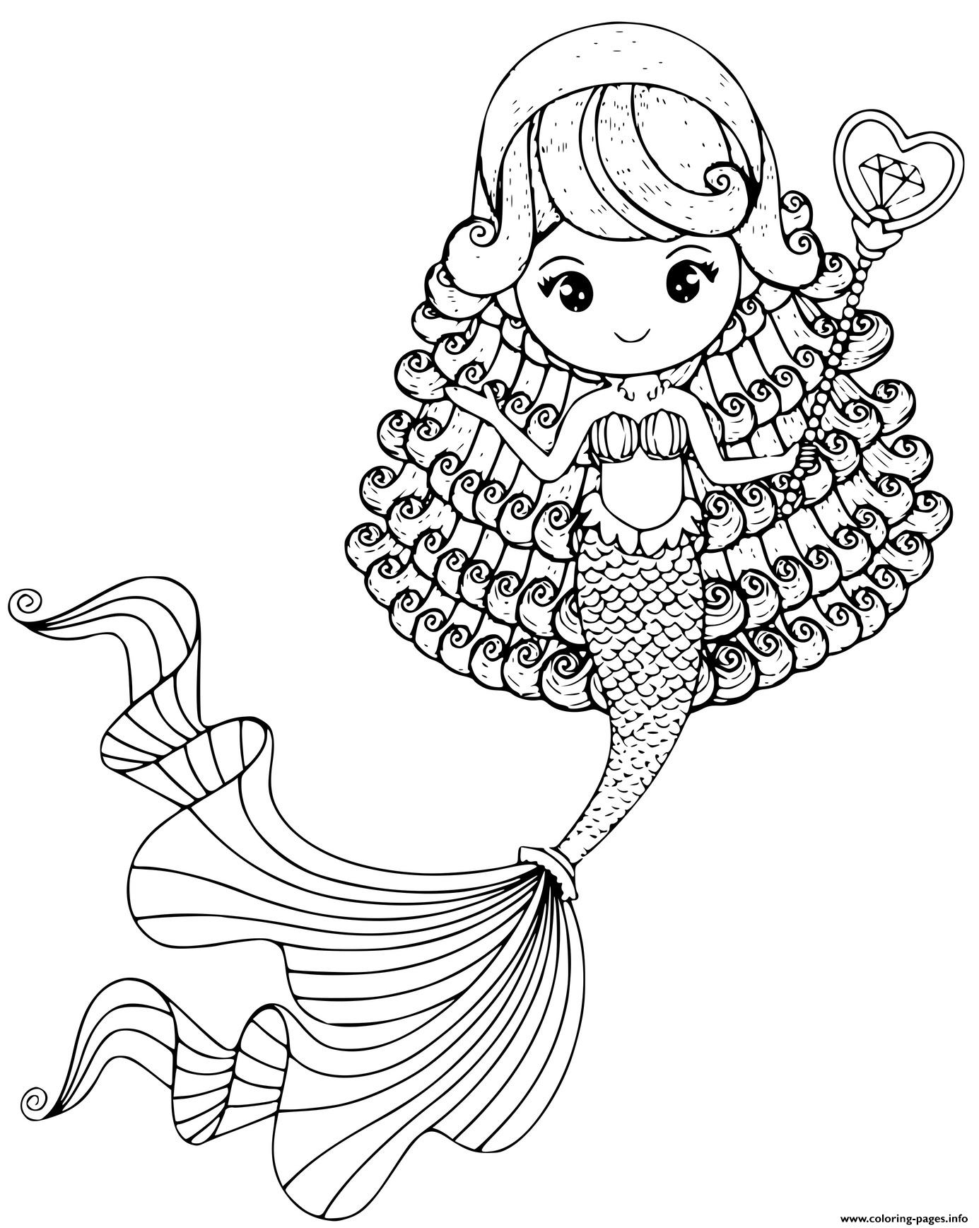 Cute Little Mermaid With A Long Tail Coloring Page Printable