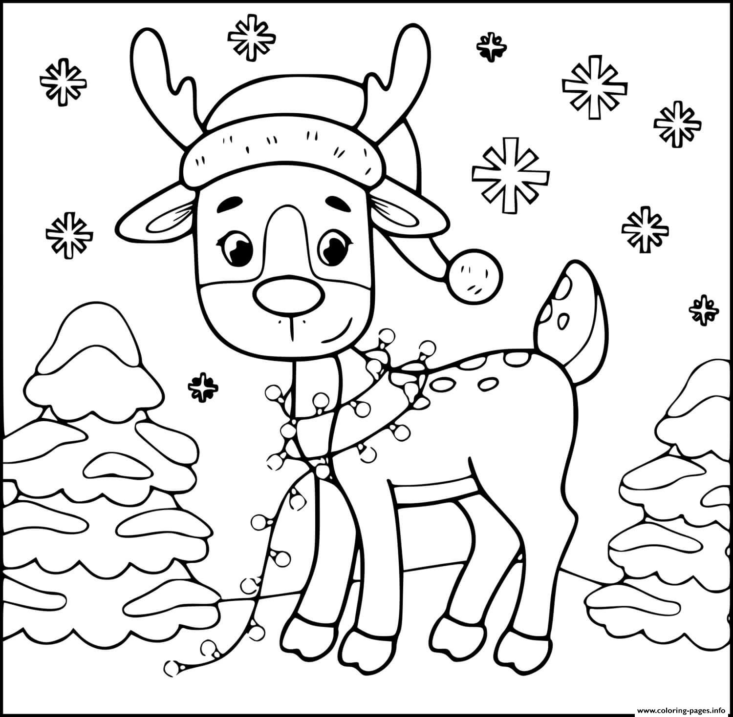 Cute Reindeer Lights Christmas Tree Snowflakes By SuperColoring Coloring Page Printable