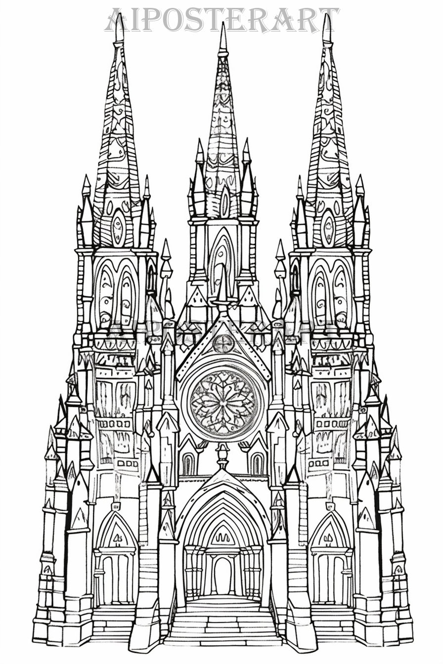 Detailed Cathedral Coloring Sheet For Adults Printable Coloring Page Advanced Coloring