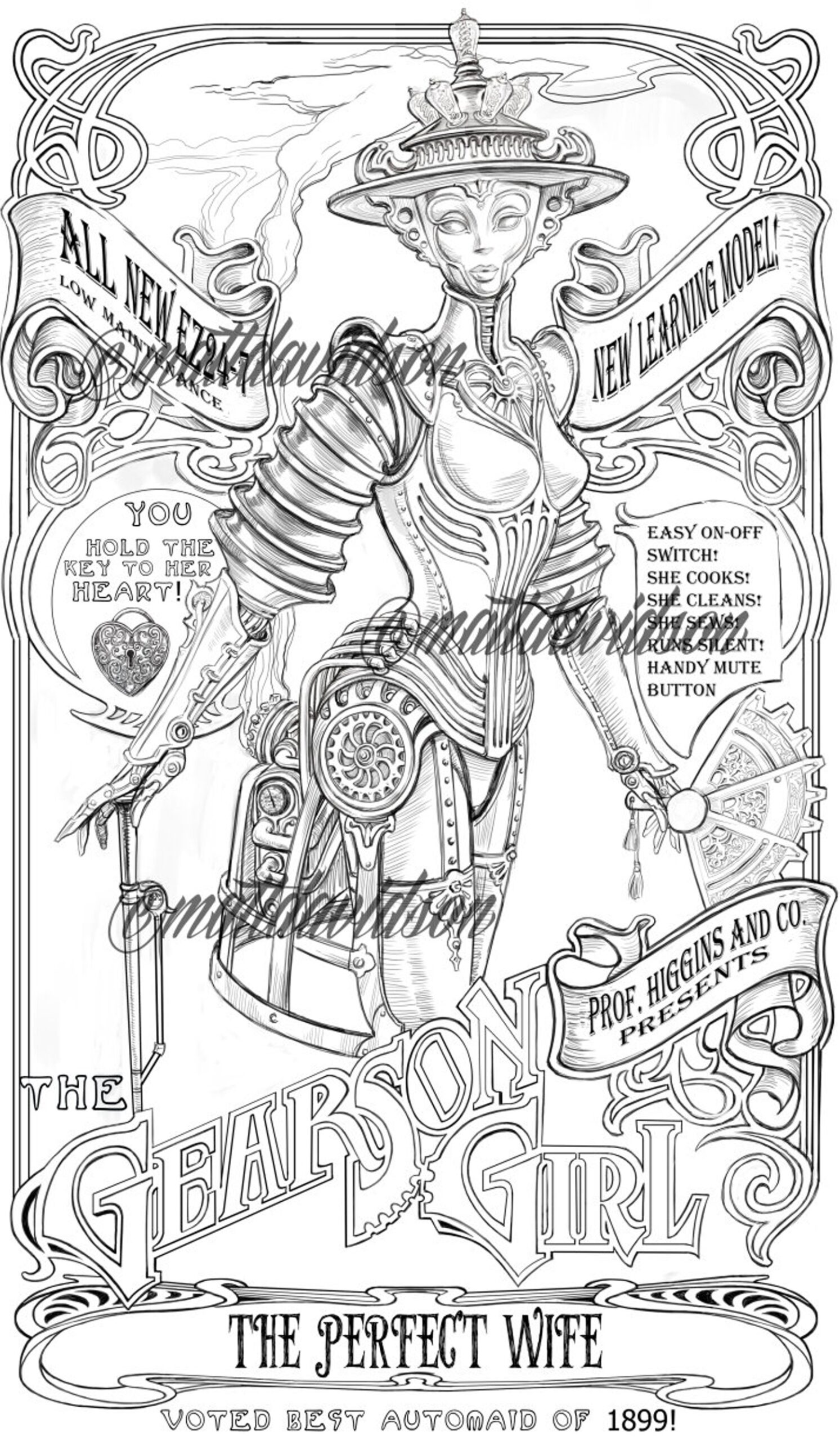Gearson Girl Coloring Pages Adult Coloring Steampunk Etsy