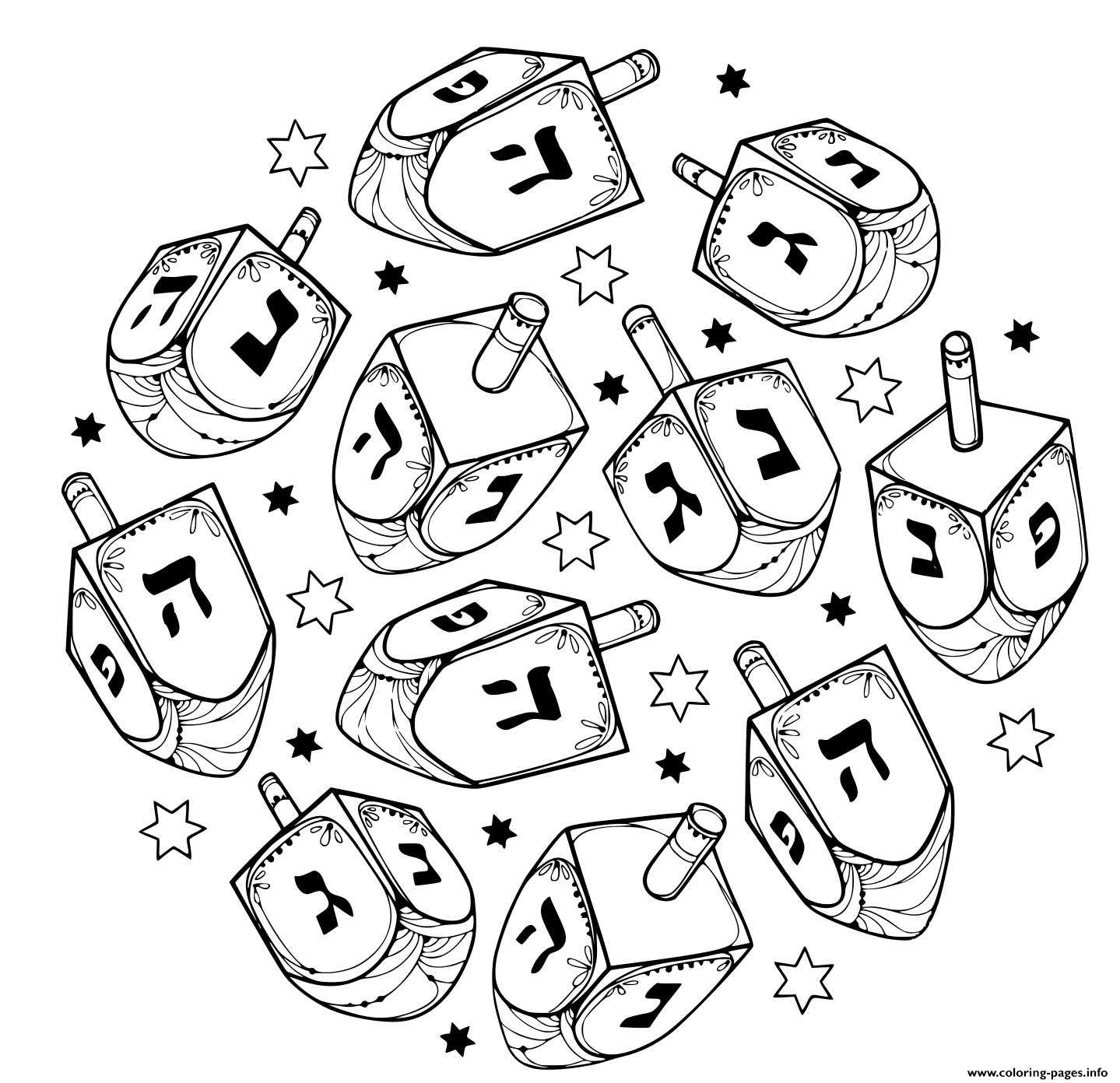 Hanukkah Dreidel Or Sevivon With Hebrew Ornate Contour Chanukah Design For Jewish Coloring Page