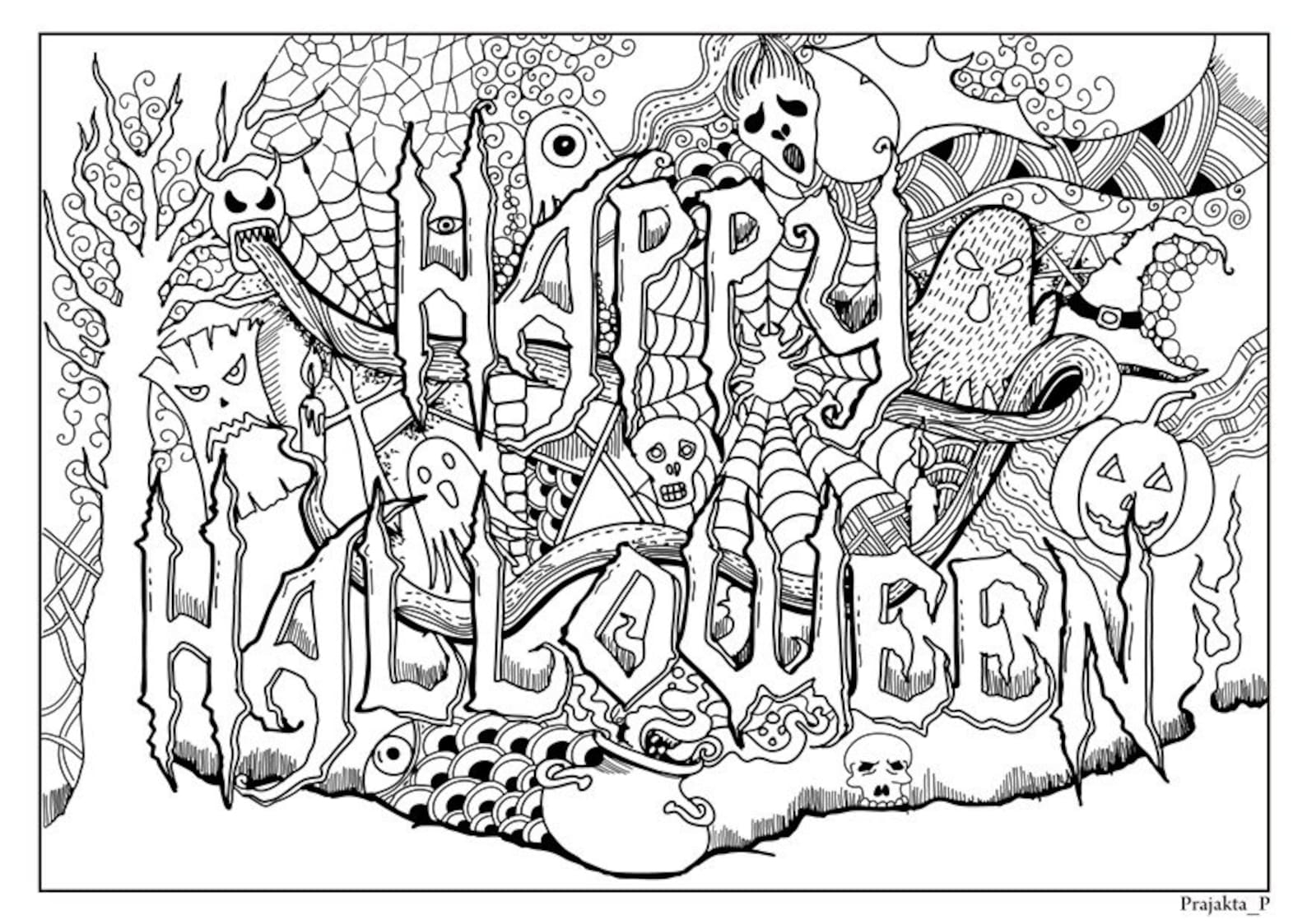 Happy Halloween Adult Coloring Page Printable Instant Etsy