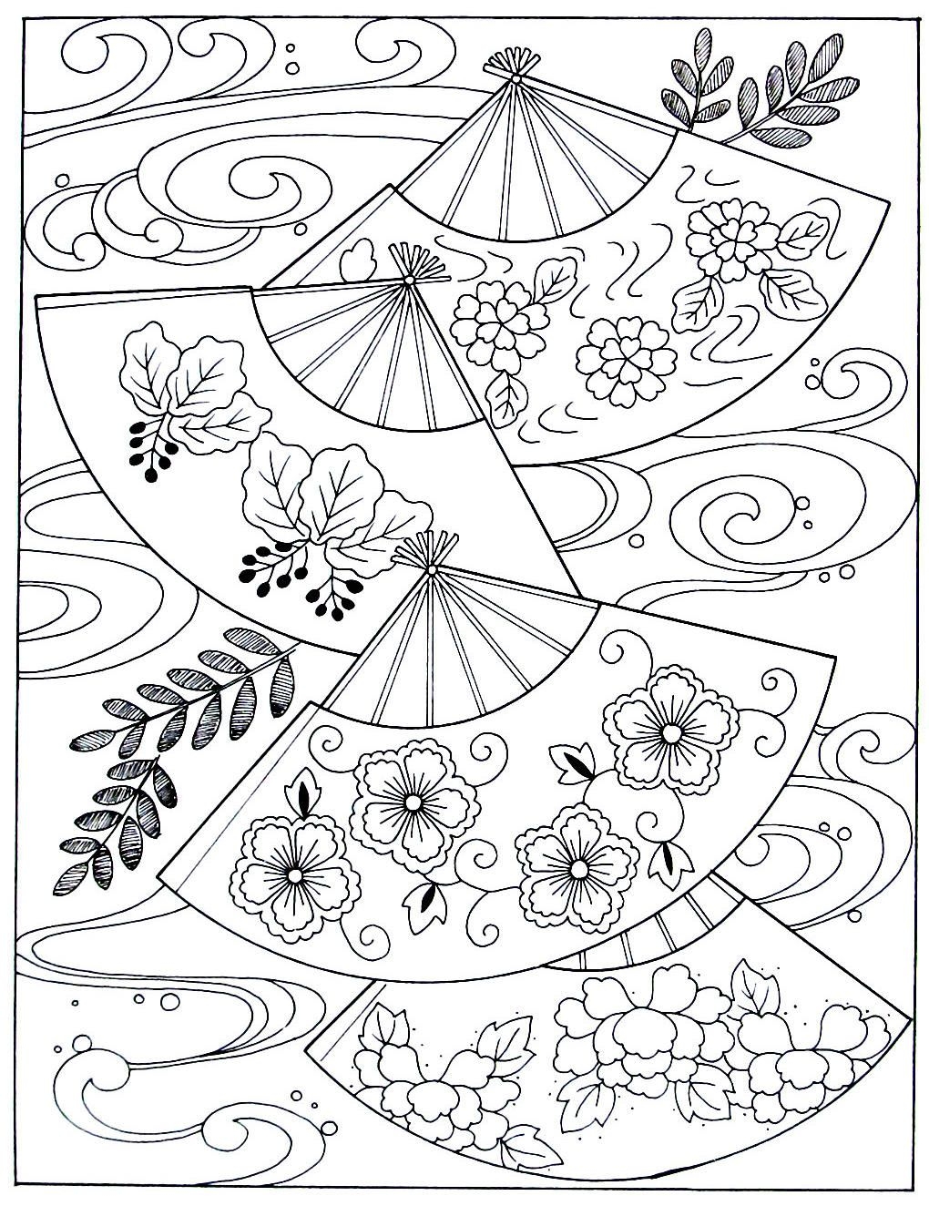 Japanese Fans And Waves Japanese Coloring Book Printable Page Designs Coloring Books Pattern