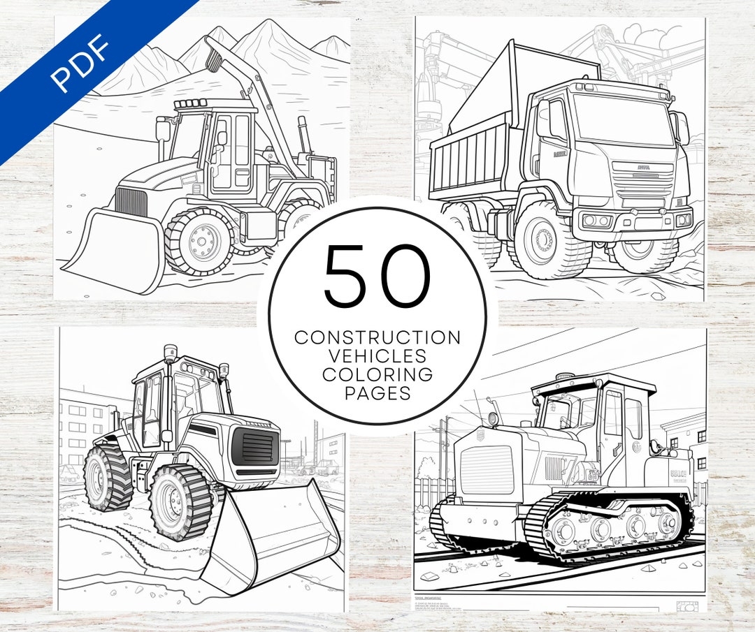 KDP Interior 50 Construction Vehicles Coloring Pages 8 5 X 11 Printable PDF Canva Template Kids Adults Coloring Book Etsy