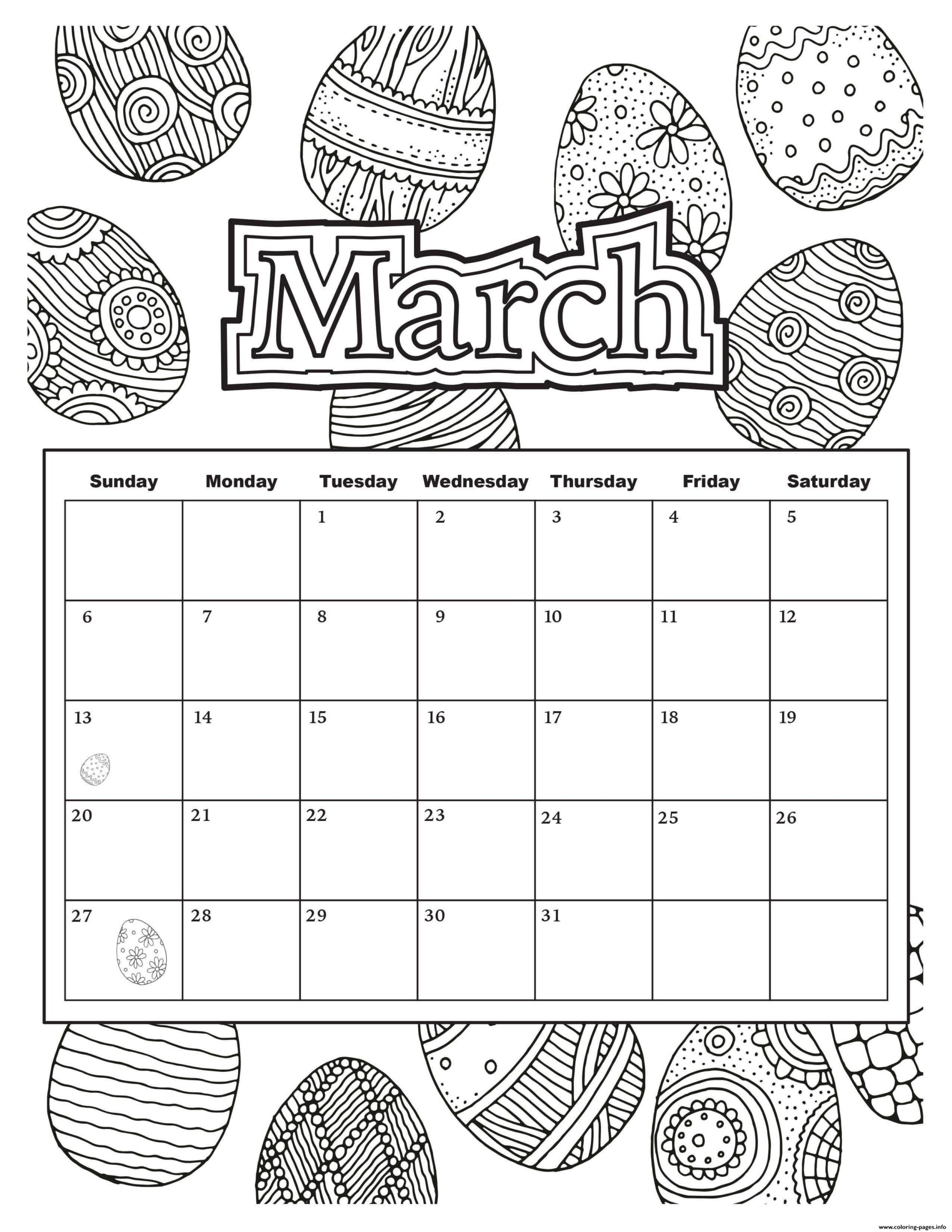 March Calendar Easter 2019 Coloring Page Printable