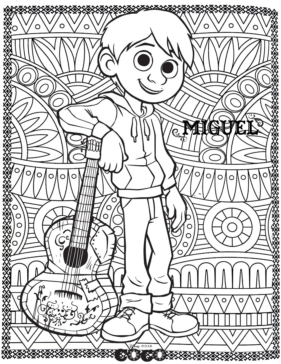 Miguel Rivera With Patterns In Background Coco Coloring Pages For Kids