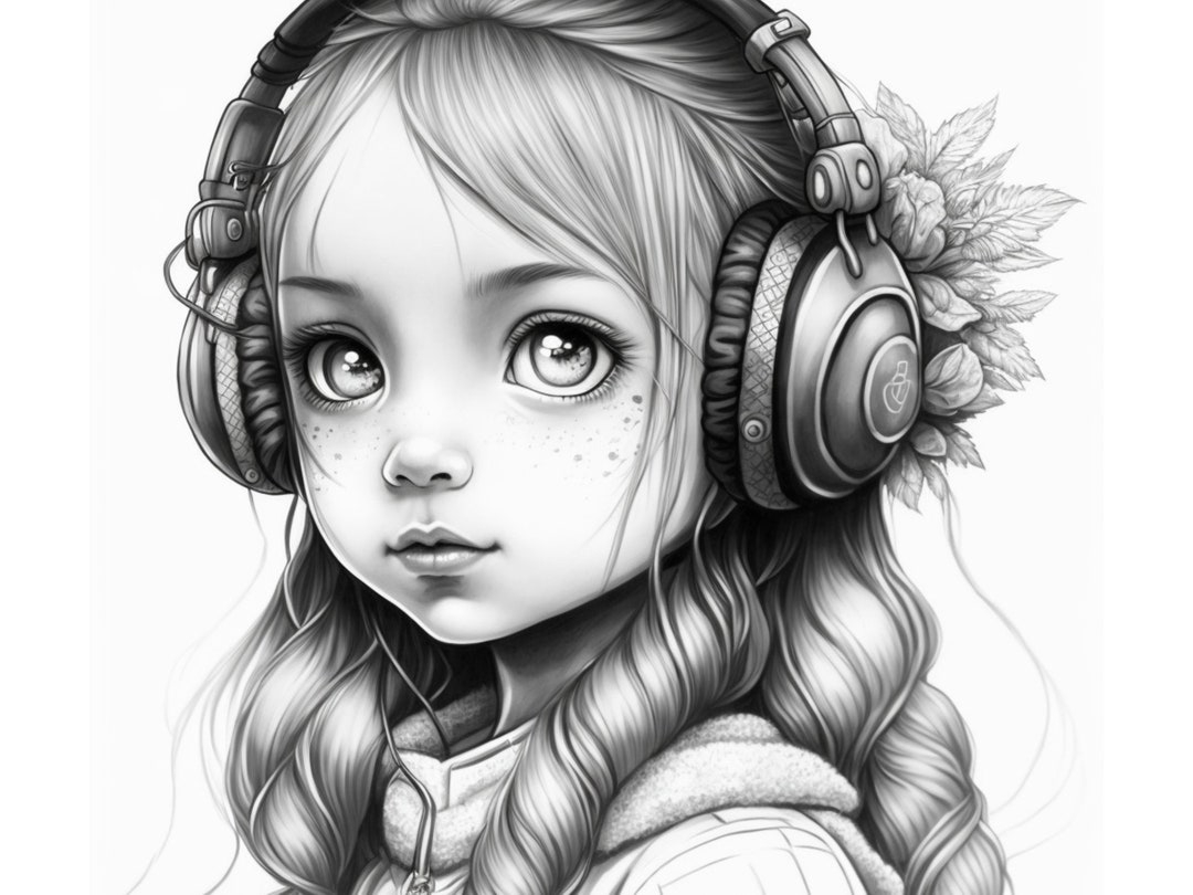Music Anime Girl Coloring Page Printable Adult Coloring Pages Book Download Light Dark Greyscale