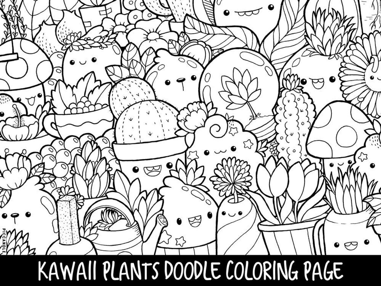 Plants Doodle Coloring Page Printable Cute Kawaii Coloring Page For Kids And Adults Doodle