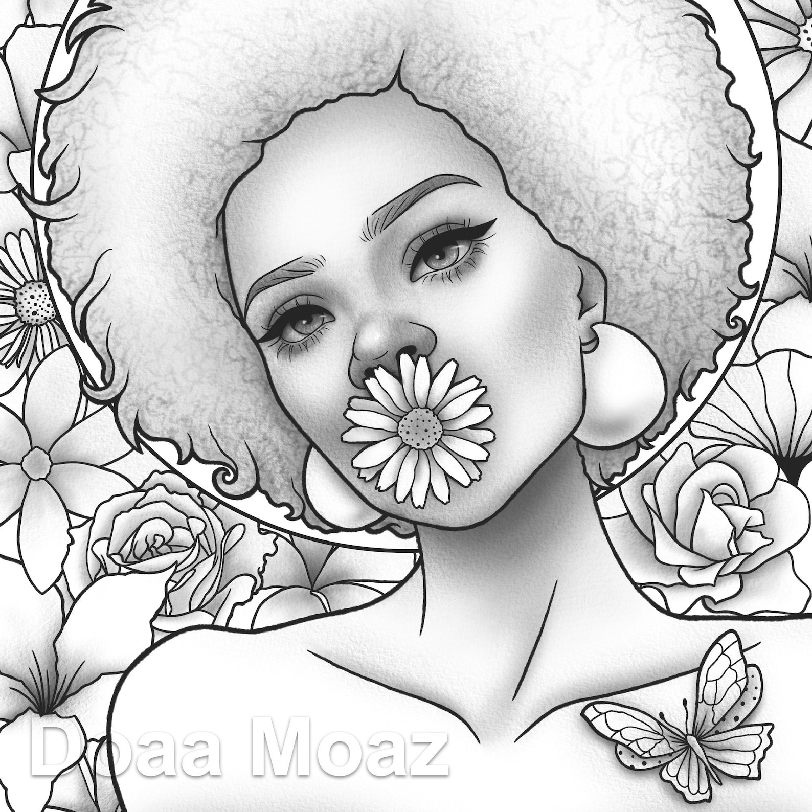 Printable Coloring Page Black Girl Floral Portrait Etsy Coloring Images And Photos Finder