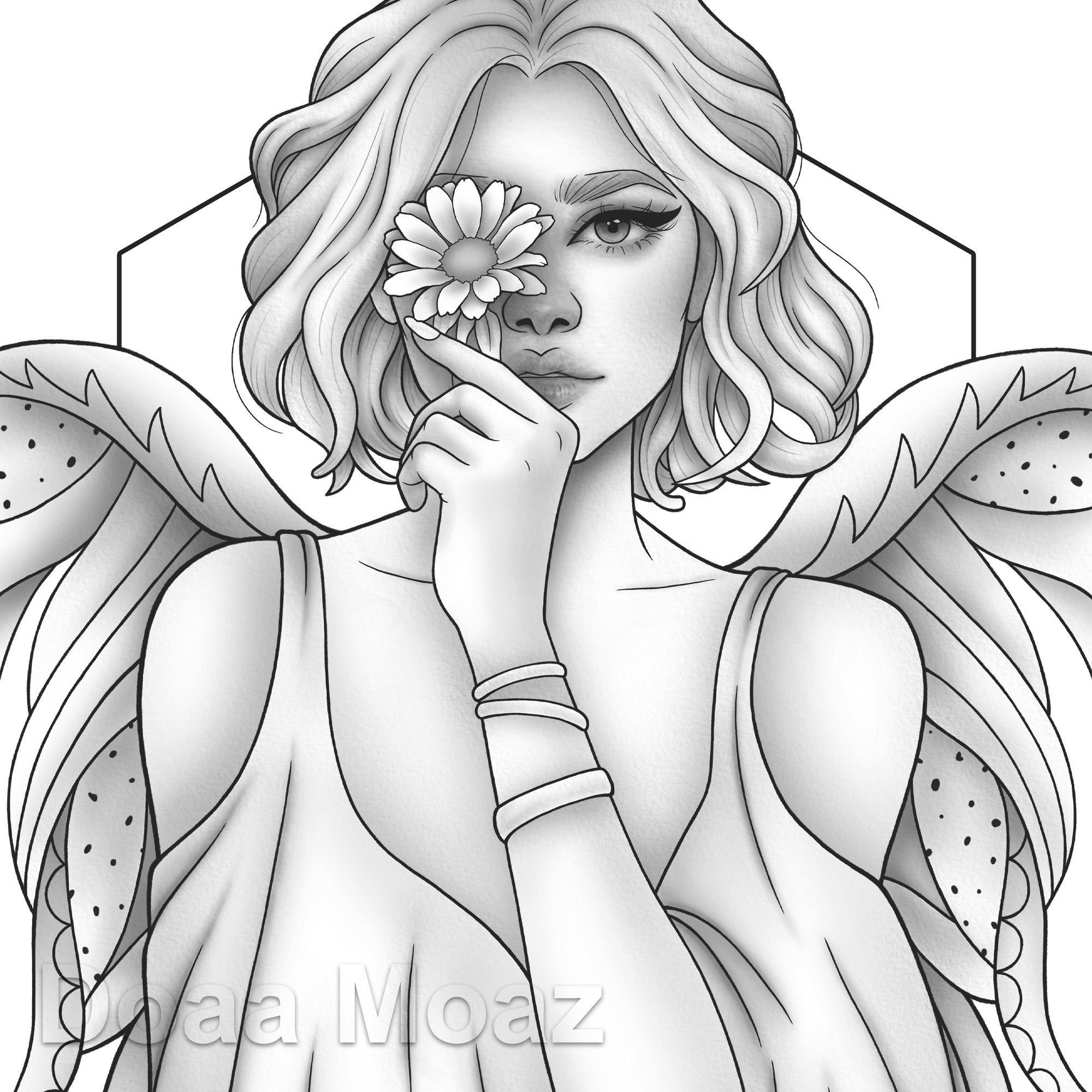 Printable Coloring Page Fantasy Character Girl Wings Etsy