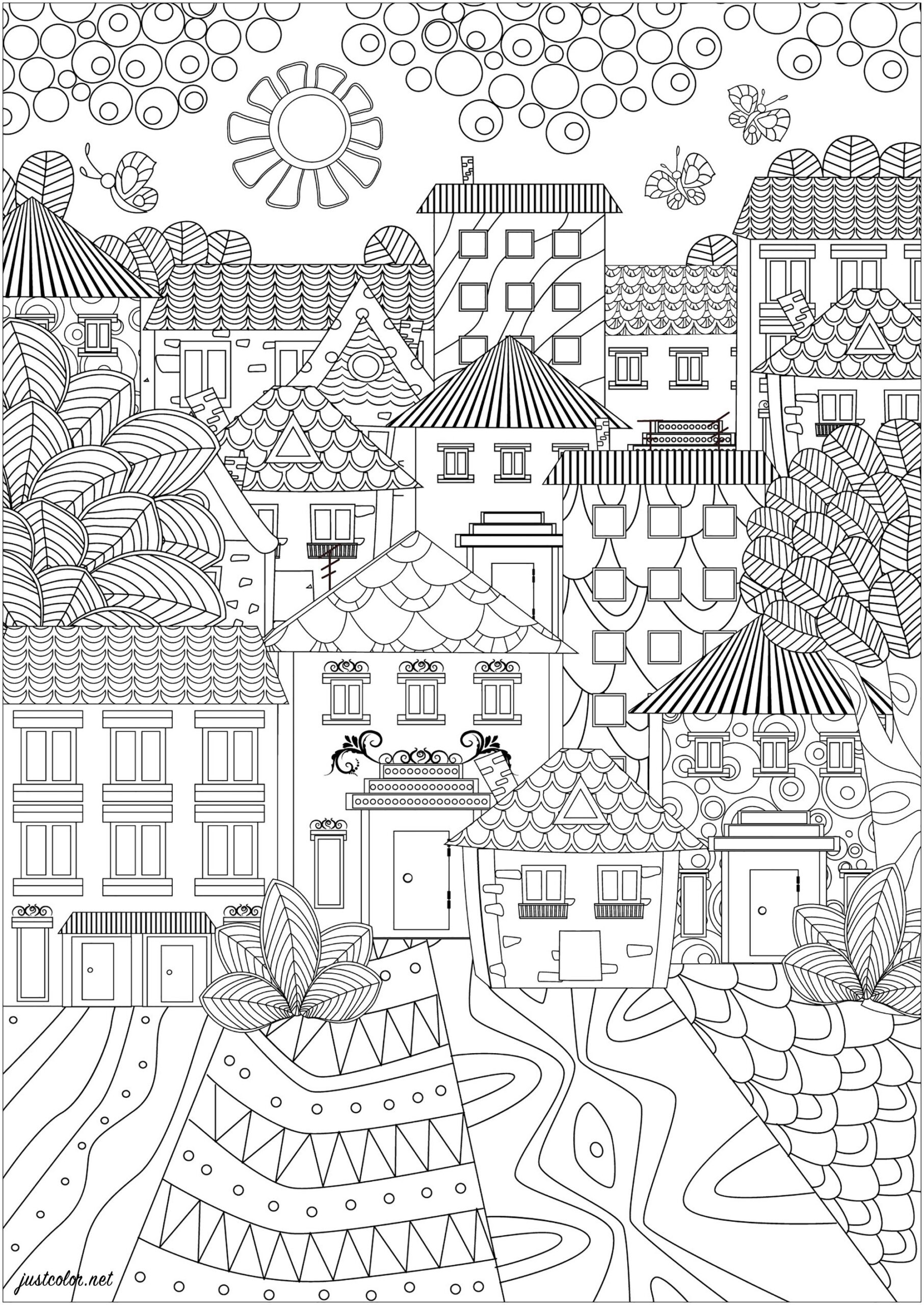Simple Town And Beautiful Houses Architecture Cities Houses Adult Coloring Pages Page Th