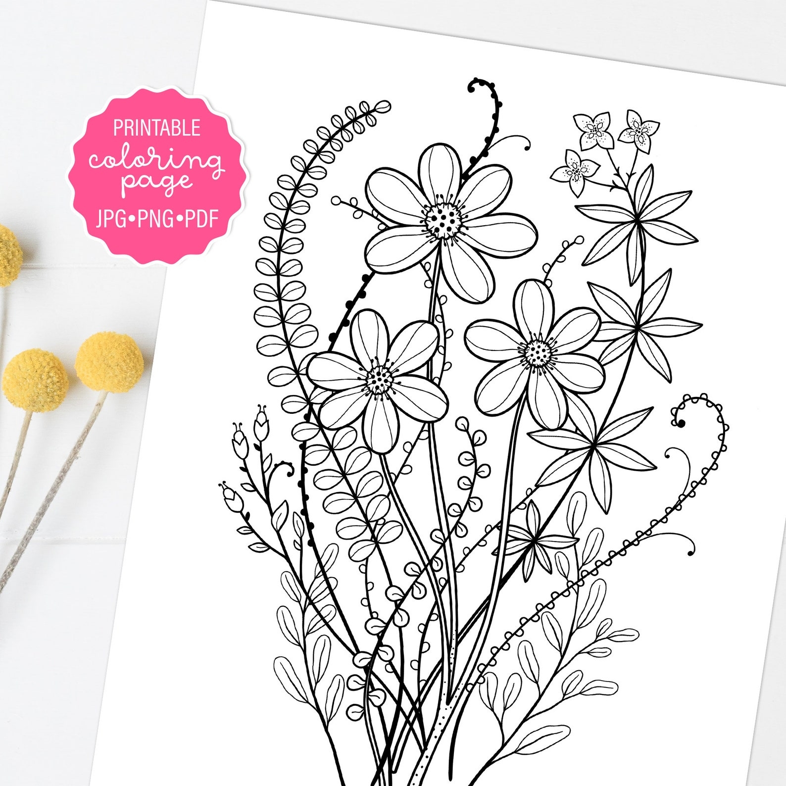 Spring Blooms Coloring Page Wildflower Floral Botanical Etsy