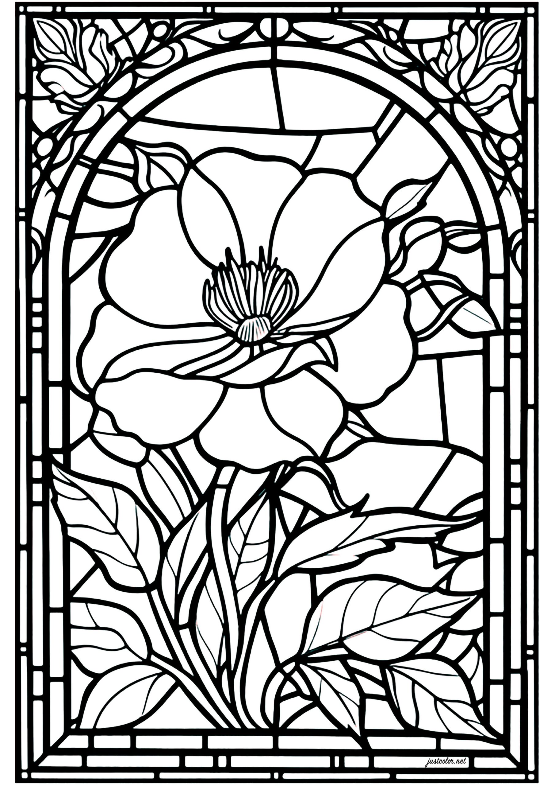 Stained Glass Flower 3 Stained Glass Coloring Pages For Adults