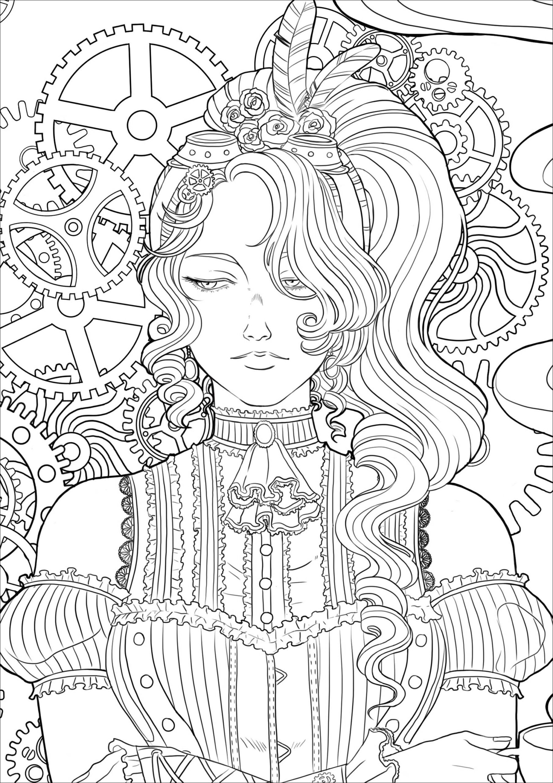 Steampunk Woman With Coffee Version 3 Vintage Coloring Pages For Adults