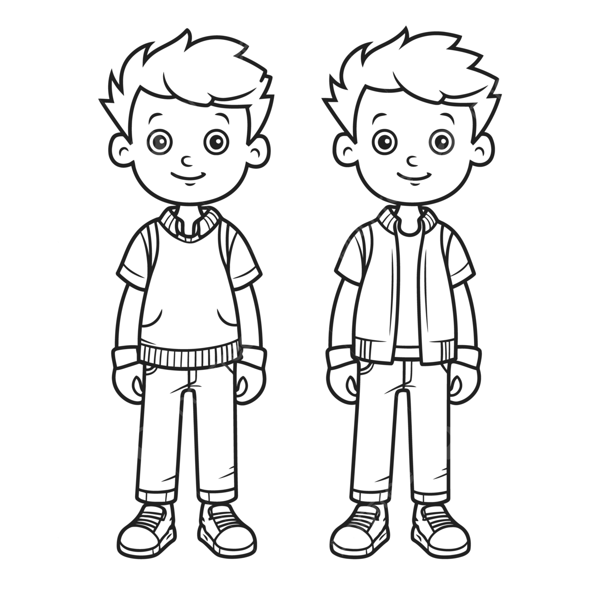 Two Boys Standing Side By Side Coloring Pages For Kids Outline Sketch Drawing Vector Wing