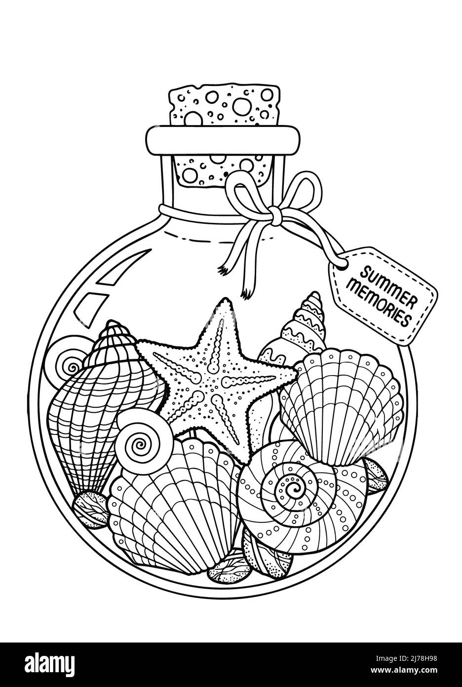 Vector Coloring Book Page For Adult Set Of Seashell In A Glass Bottle For Summer Memories Stock