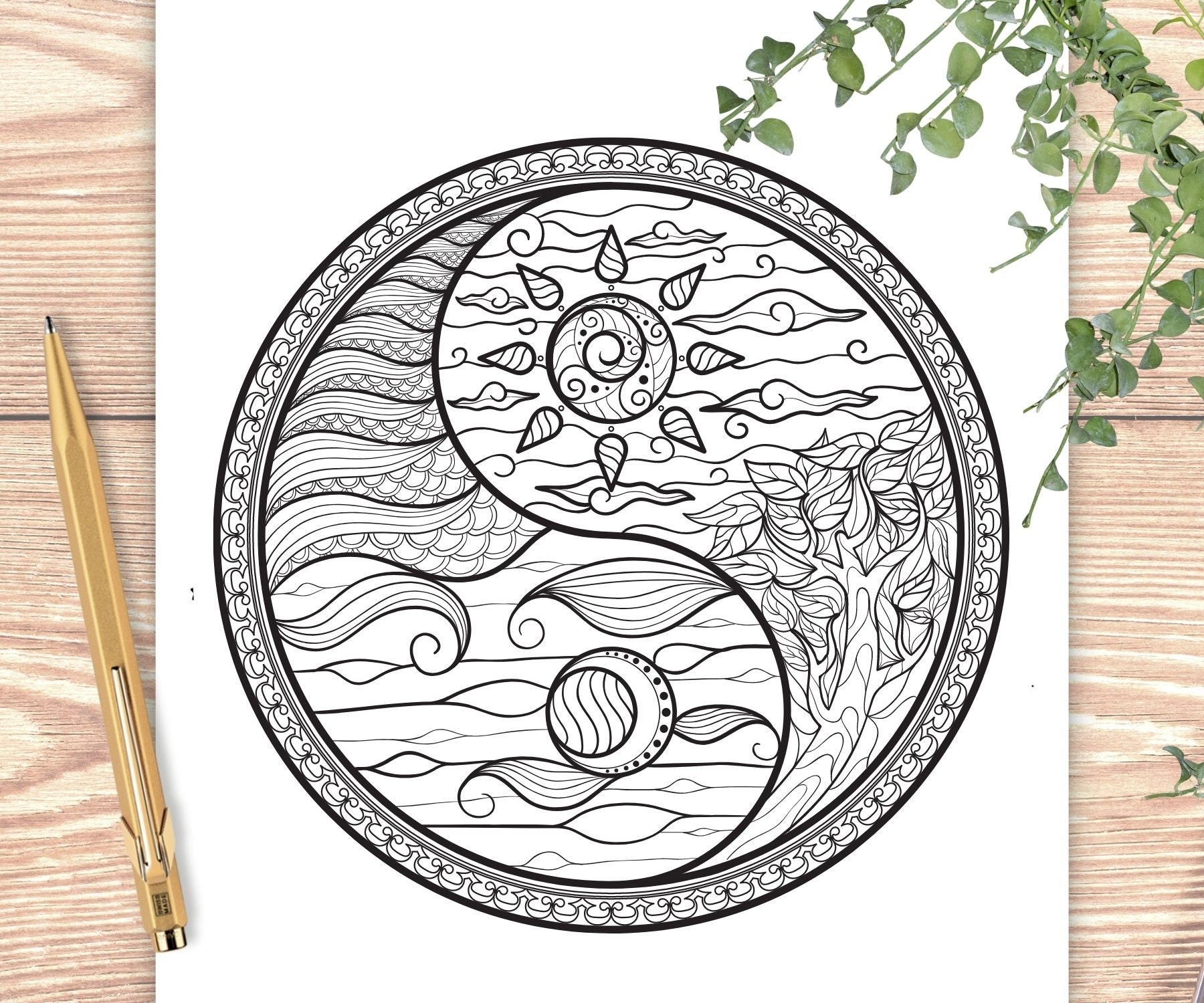 YIN YANG Sun Moon Printable Coloring Page Digital Download Etsy